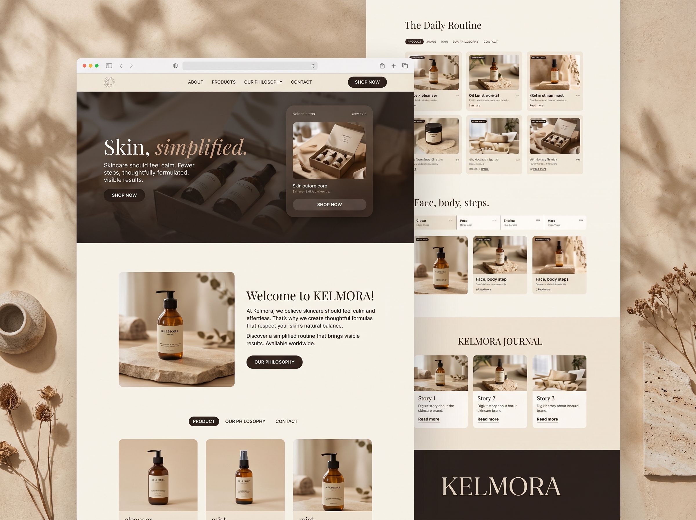 Kelmora concept skincare online store with routine builder and cart